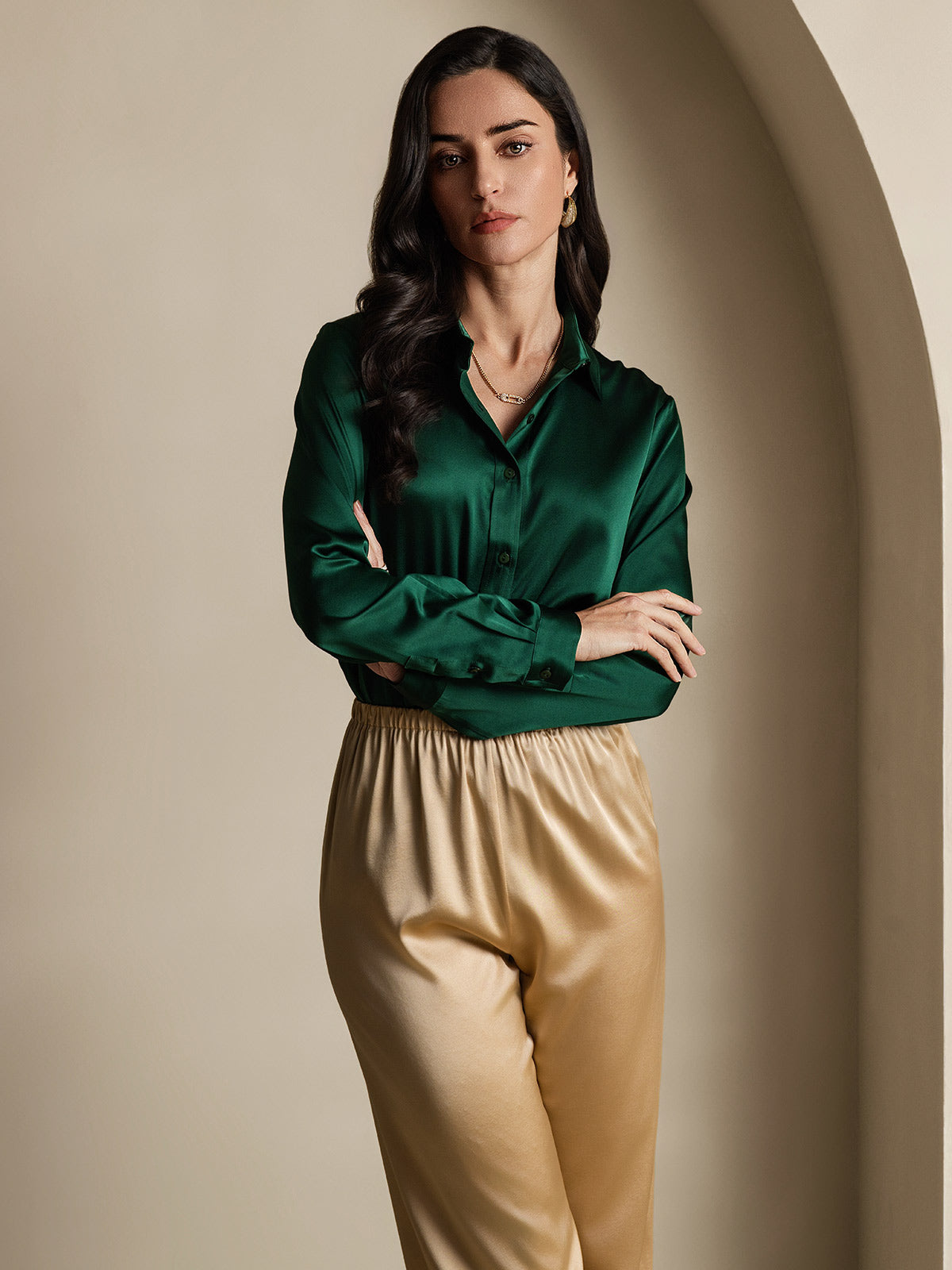 19Momme Silk Long Sleeve Lapel Collar Women's Shirt