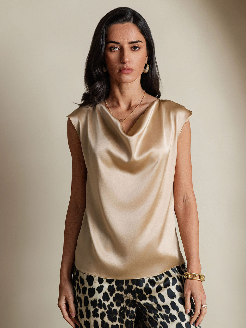 19Momme Silk Cowl Neck Cap Sleeve Blouse