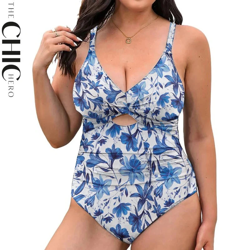 Boho Breeze Blue Floral Cutout One-Piece Swimsuit