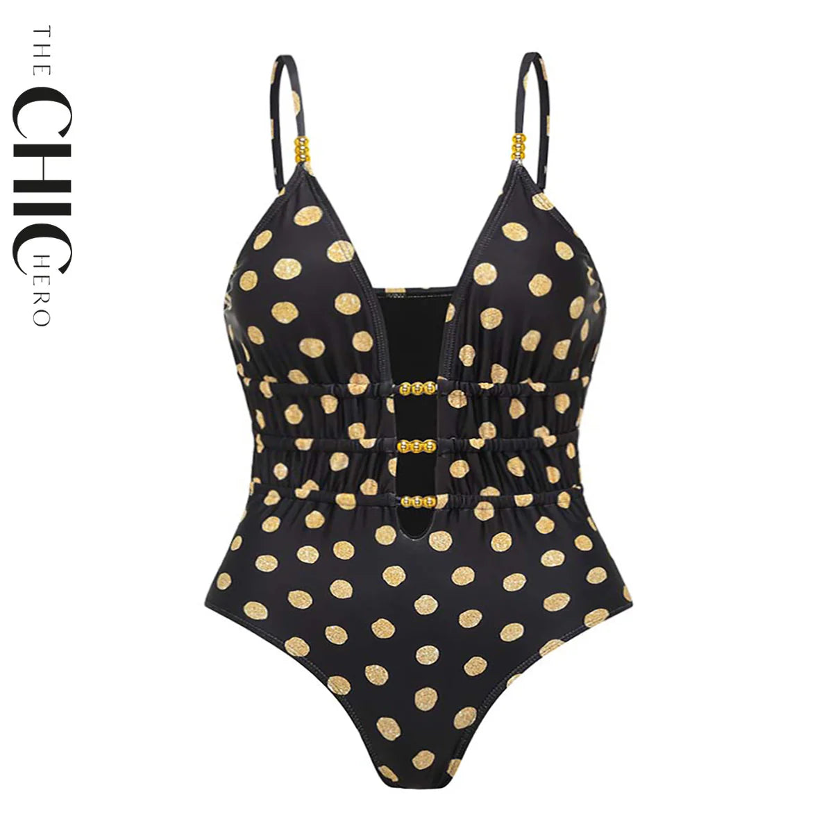 Chic Gold Polka Dots One-Piece Swimsuit&Skirt