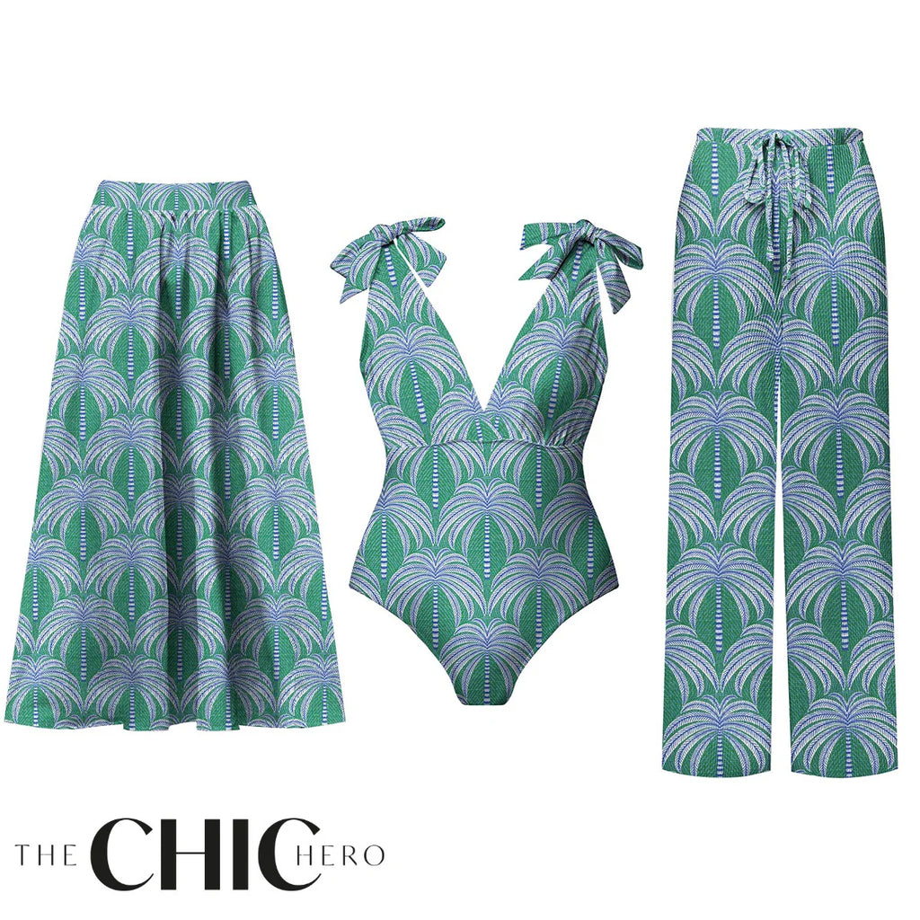Green Palm Leaf Print and Bow One-Piece Swimsuit&Skirt&Pants