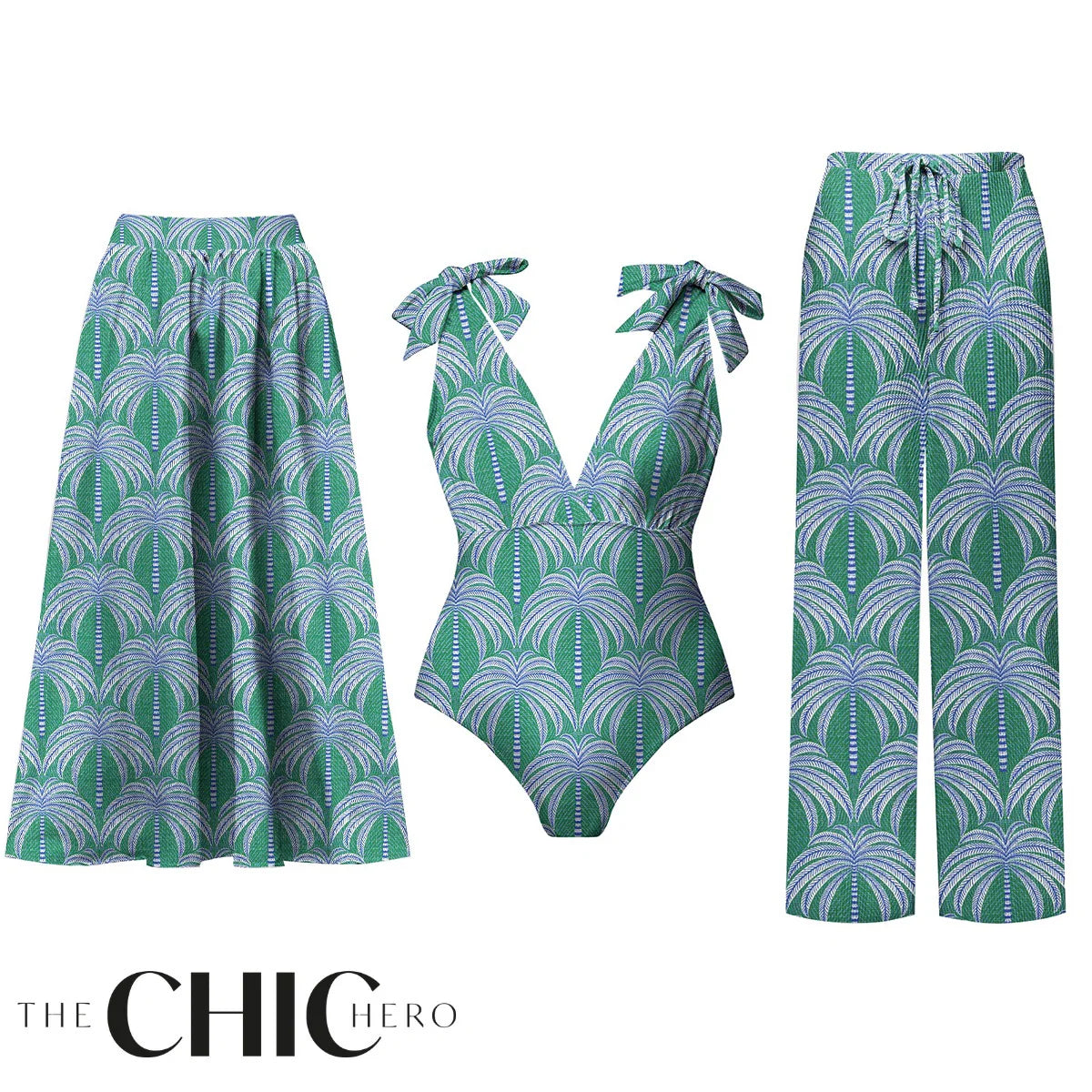 Green Palm Leaf Print and Bow One-Piece Swimsuit&Skirt&Pants