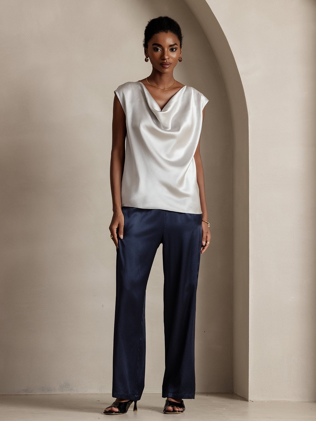 19Momme Silk Cap Sleeve Cowl Neck Tank Top/Blouse