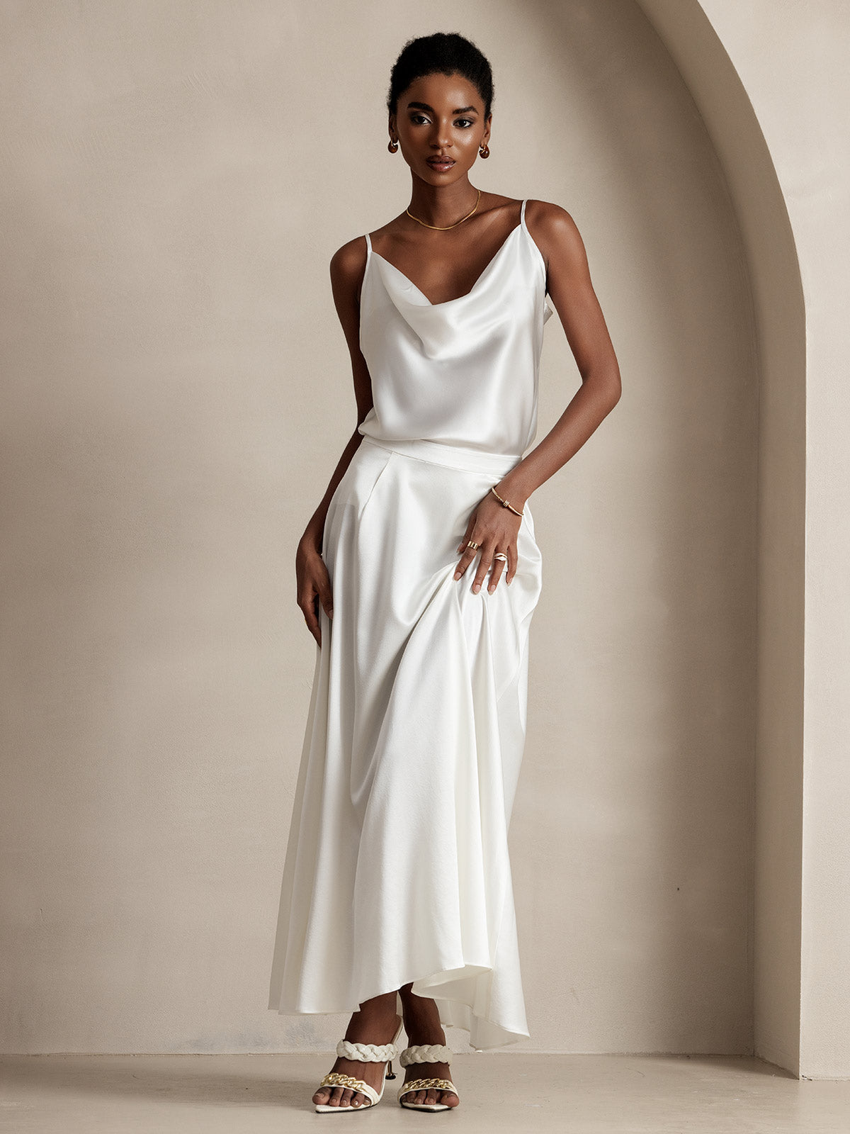 19Momme Silk A Line Maxi Skirt with Zipper Design