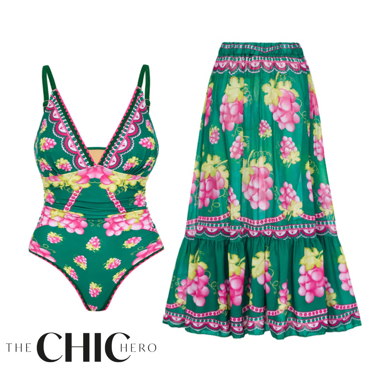 Green Grape Blossom Tropical Vineyard V-Neck Swimsuit & Skirt