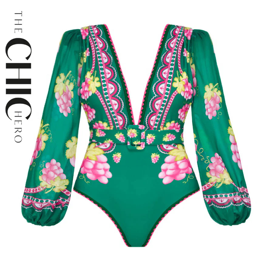 Green Grape Blossom Tropical Vineyard V-Neck Swimsuit & Skirt Set