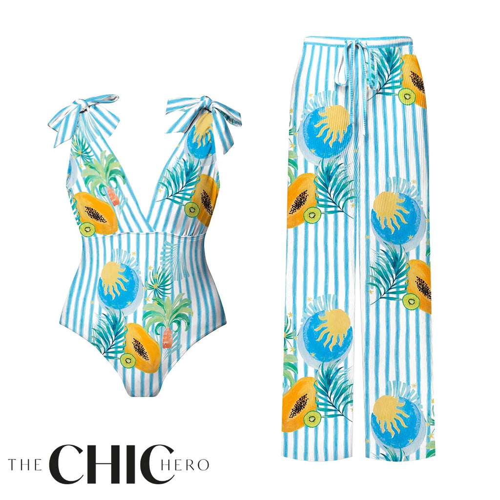 Striped Tropical Papaya Print Boho Island Style One-Piece Swimsuit&Pants