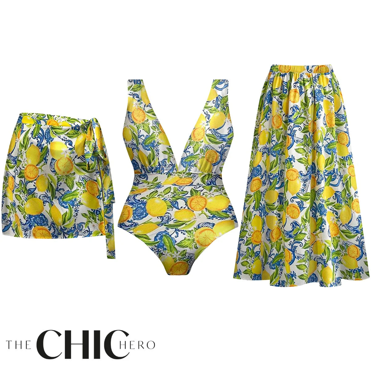 Summer Lemon Citrus Print 3-Piece Set Swimsuit&Skirts