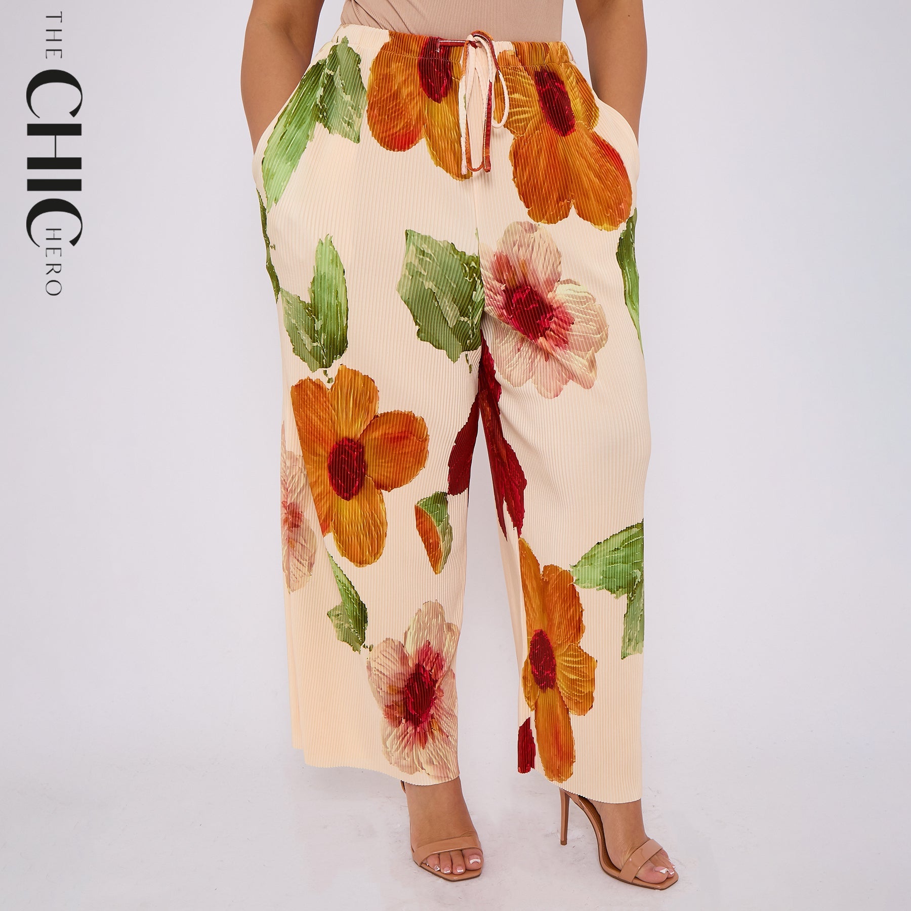 Abstract Floral Wide-Leg Drawstring Pleated Trousers With Pockets