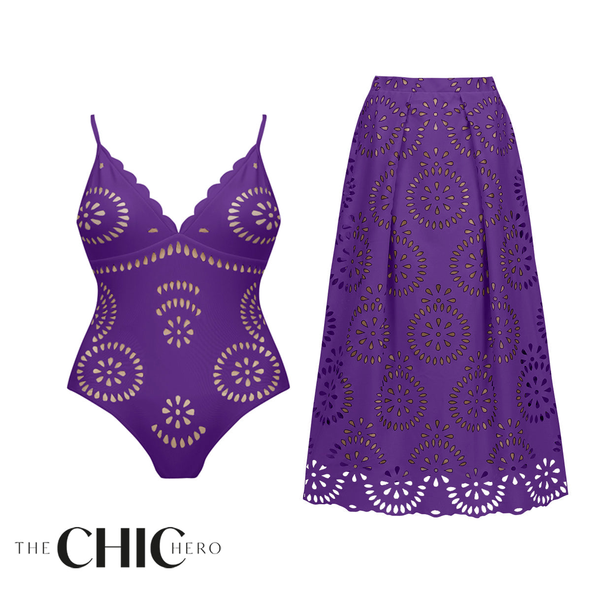 Purple Scalloped Hollow Sexy One-Piece Swimsuit&Skirt