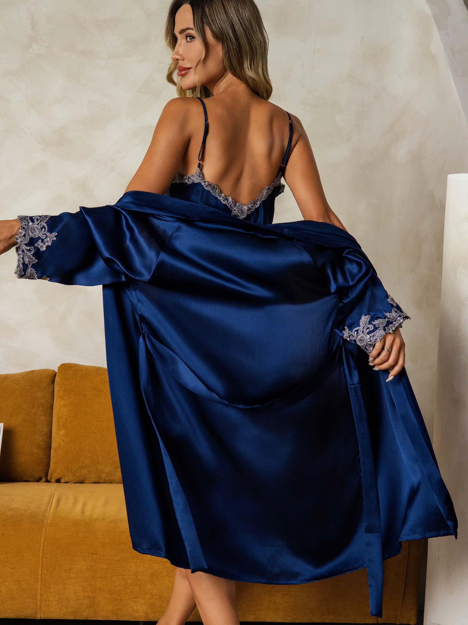 Elegant Pure Silk Nightgown & Robe Set 2Pcs