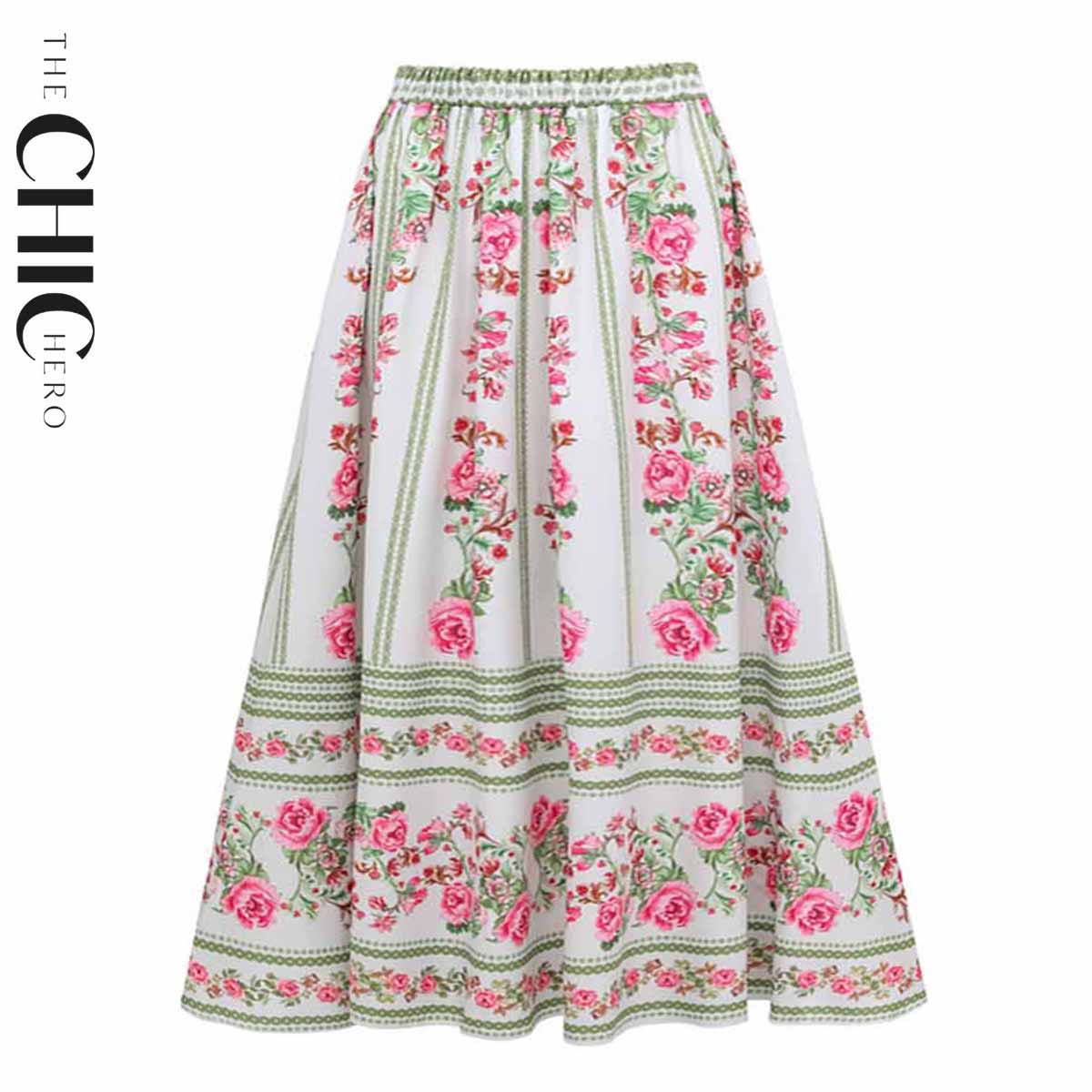 Vintage Rose Garden V Neck Lace Up Floral Swimsuit&Skirt