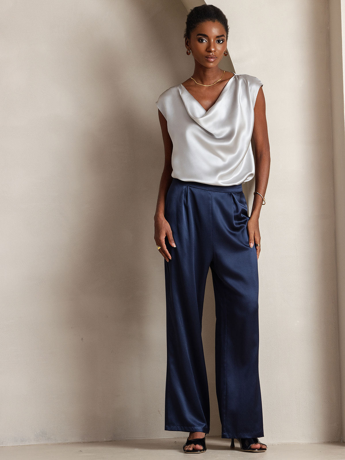 19Momme Silk Cowl Neck Cap Sleeve Blouse