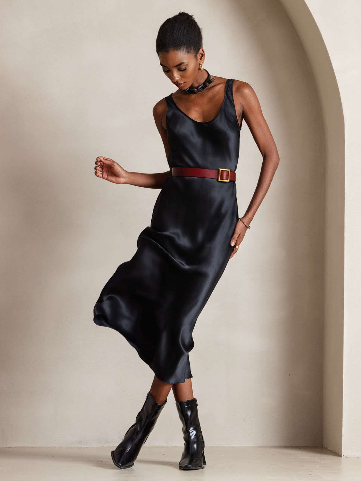 Pure Silk Wide Strap Sleeveless Long Dress