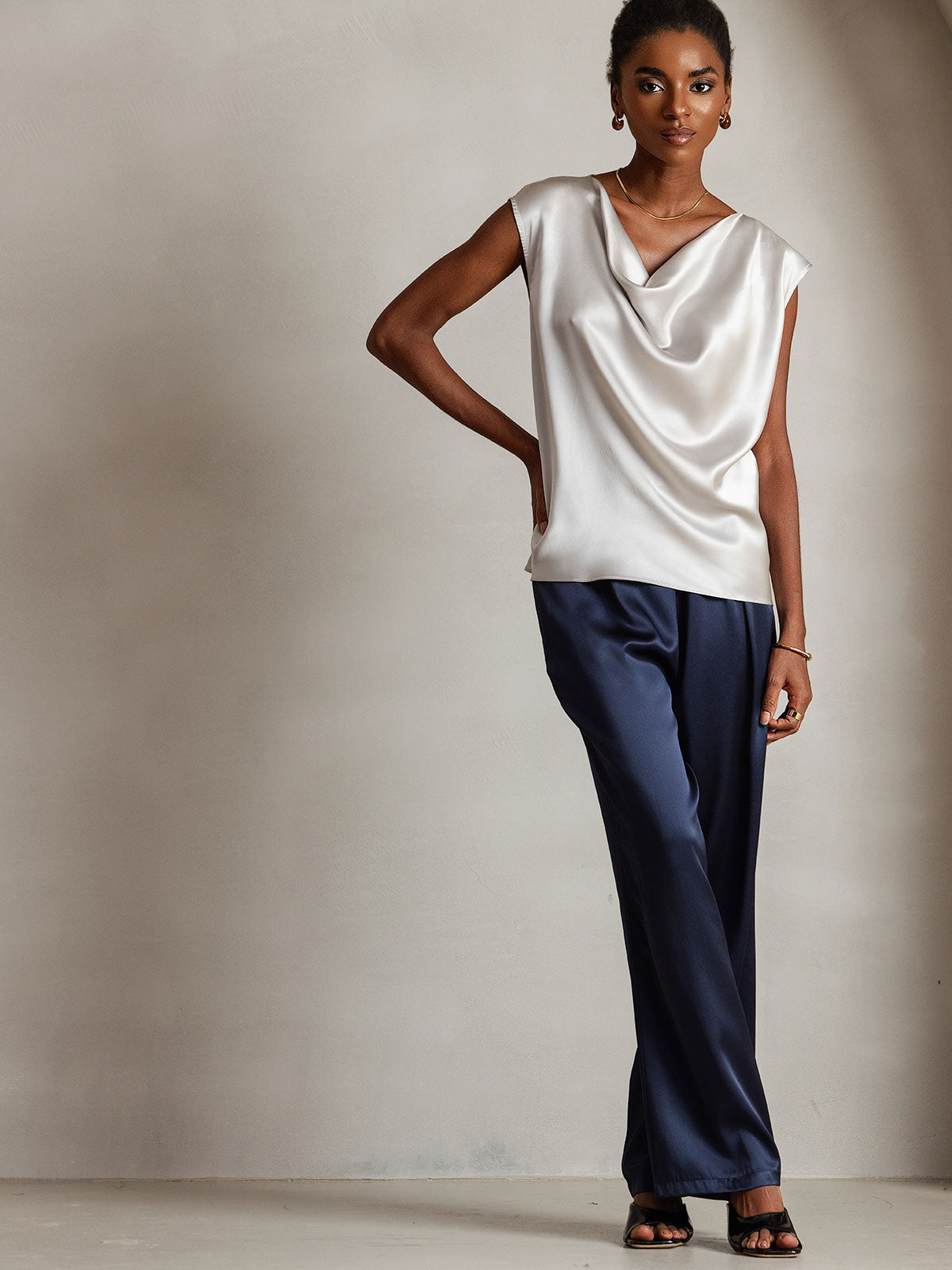 19Momme Silk Cowl Neck Cap Sleeve Blouse