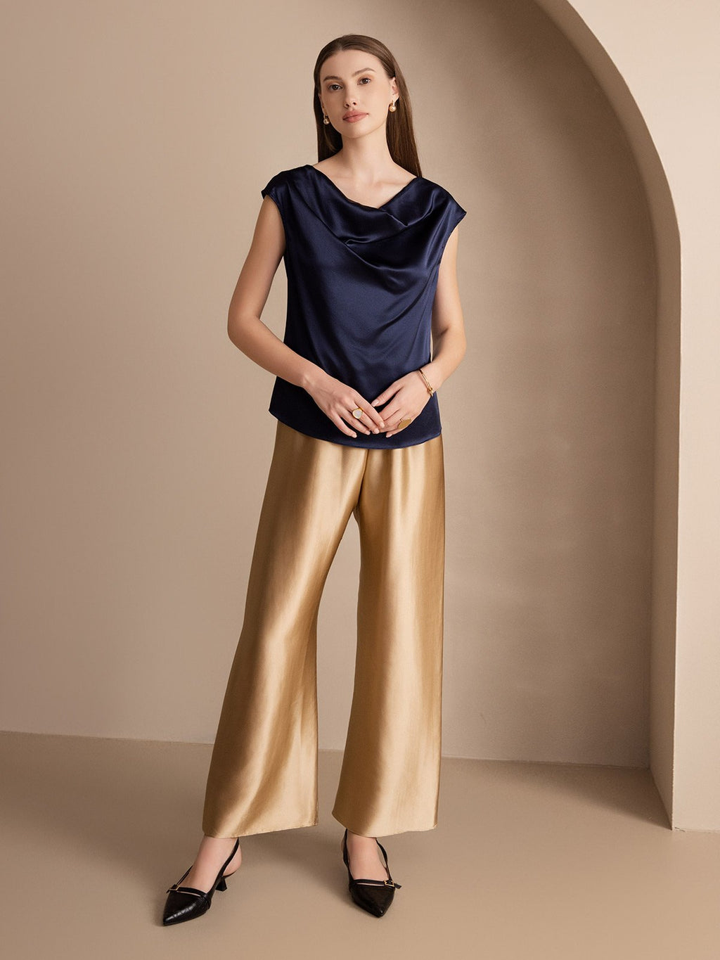 19Momme Silk Cap Sleeve Cowl Neck Tank Top/Blouse