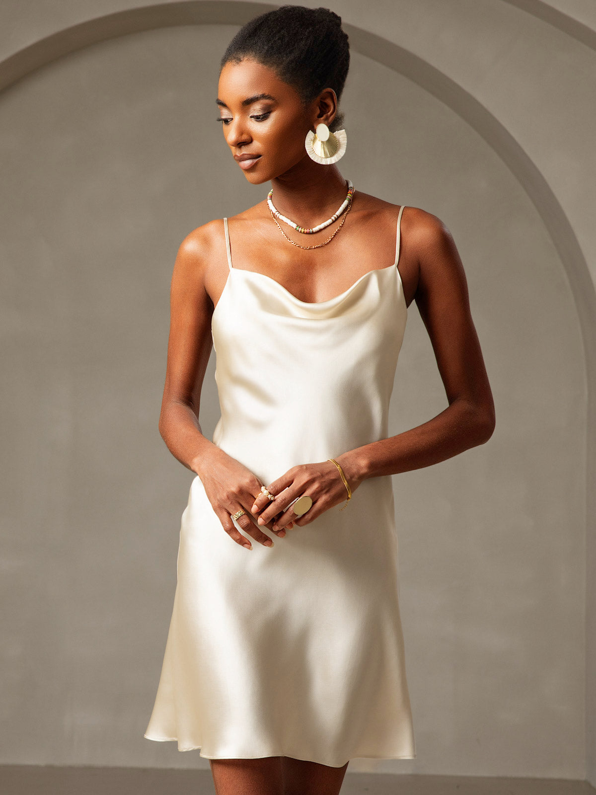 Pure Silk Spaghetti Straps Cowl Neck Short Dress
