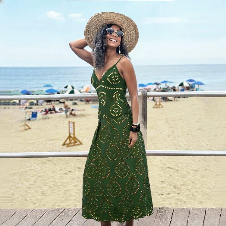 Green Scalloped Hollow Sexy One-Piece Swimsuit&Skirt
