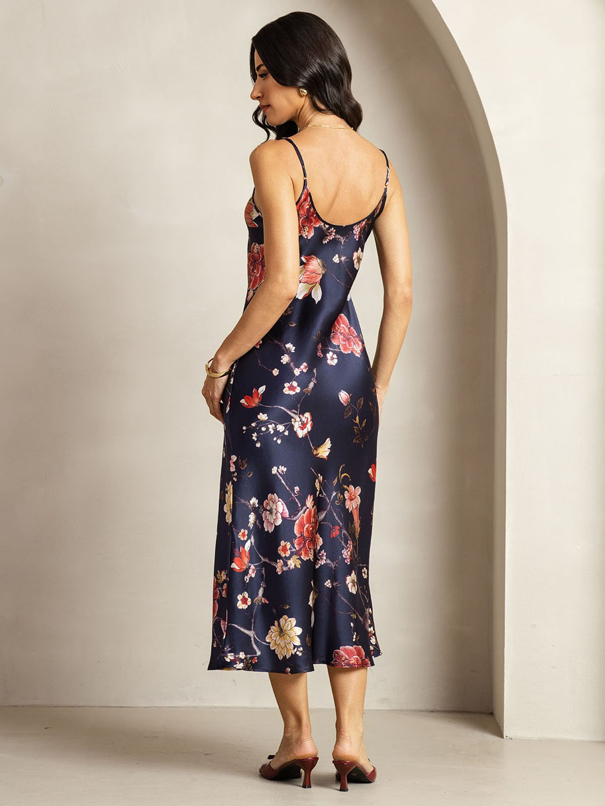 19Momme Silk V Neck Adjustable Strap Midi Dress