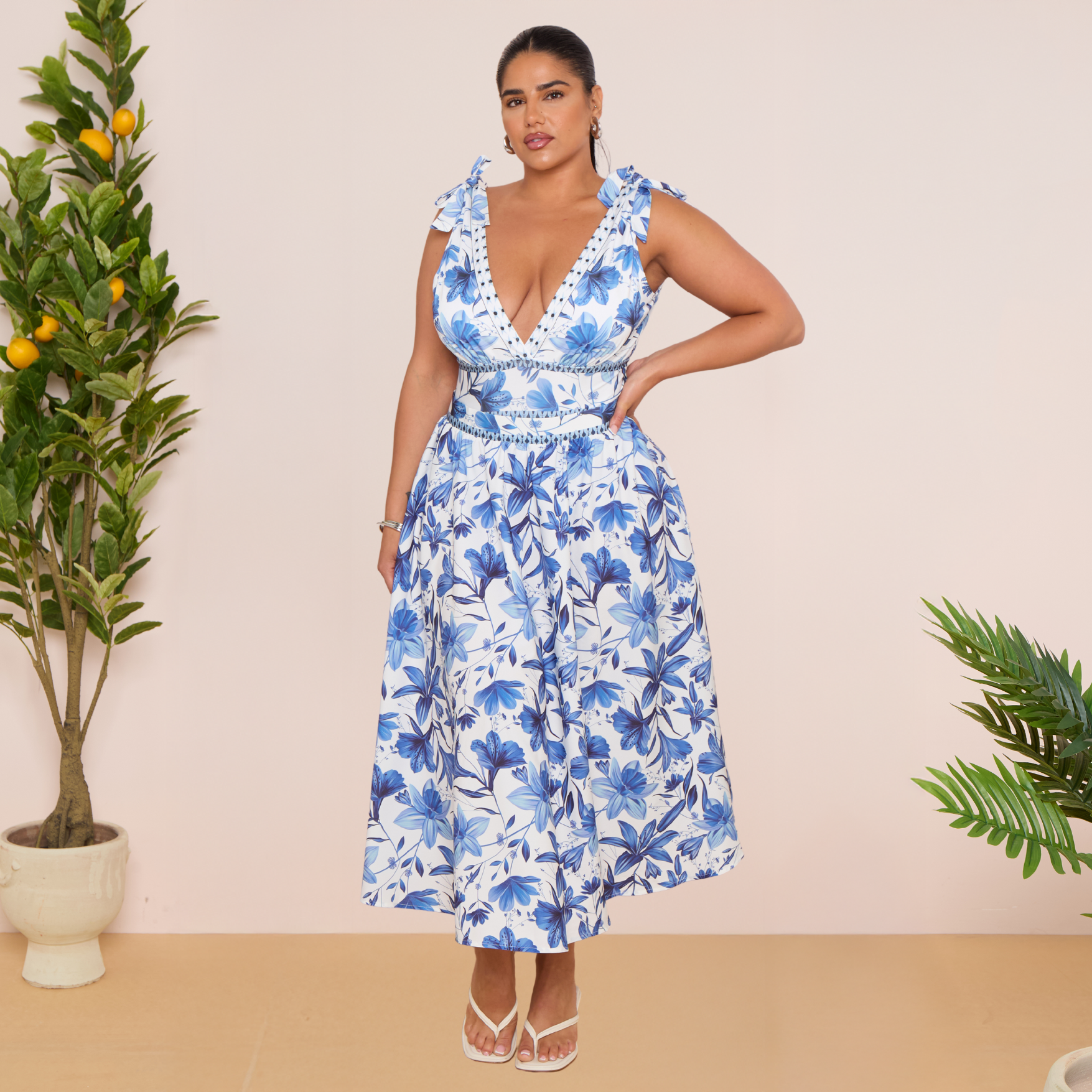 V Neck Lace Up Boho Breeze Blue Floral Swimsuit&Skirt