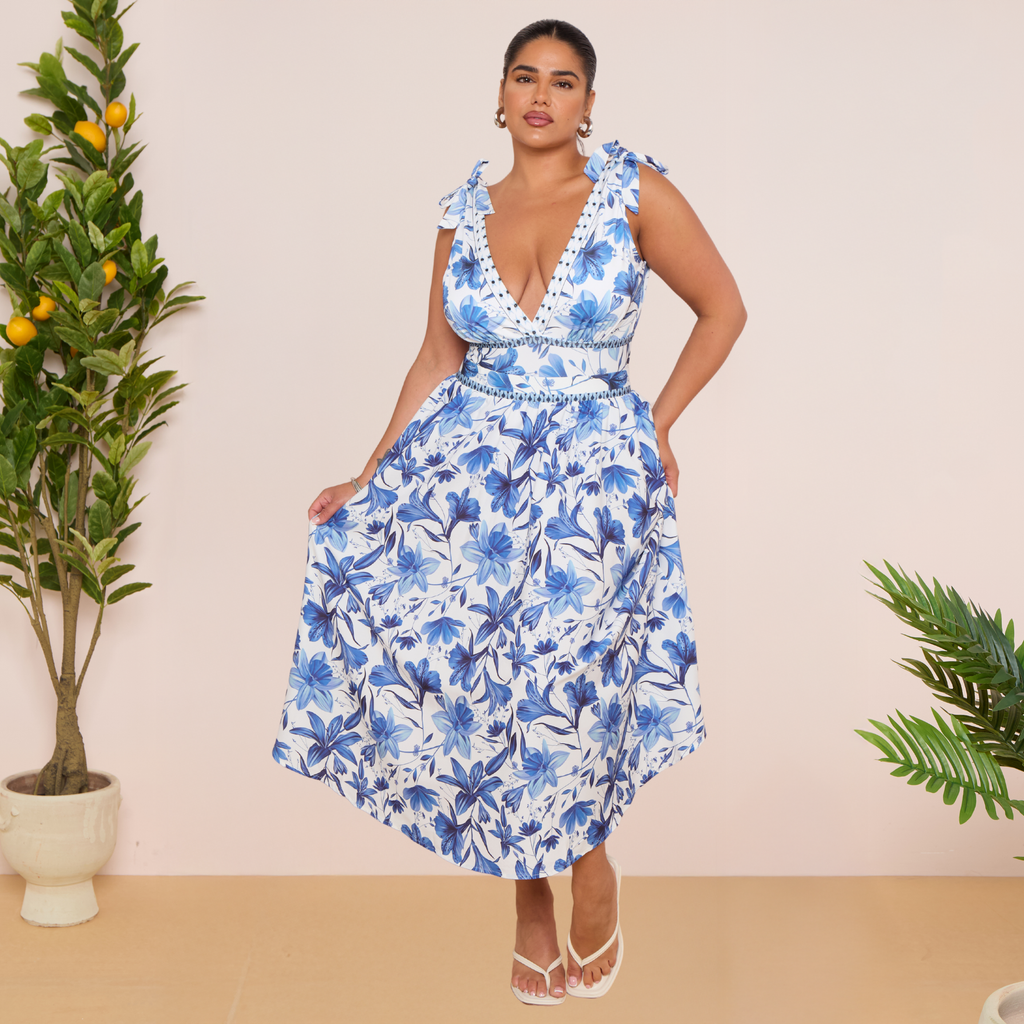 V Neck Lace Up Boho Breeze Blue Floral Swimsuit&Skirt