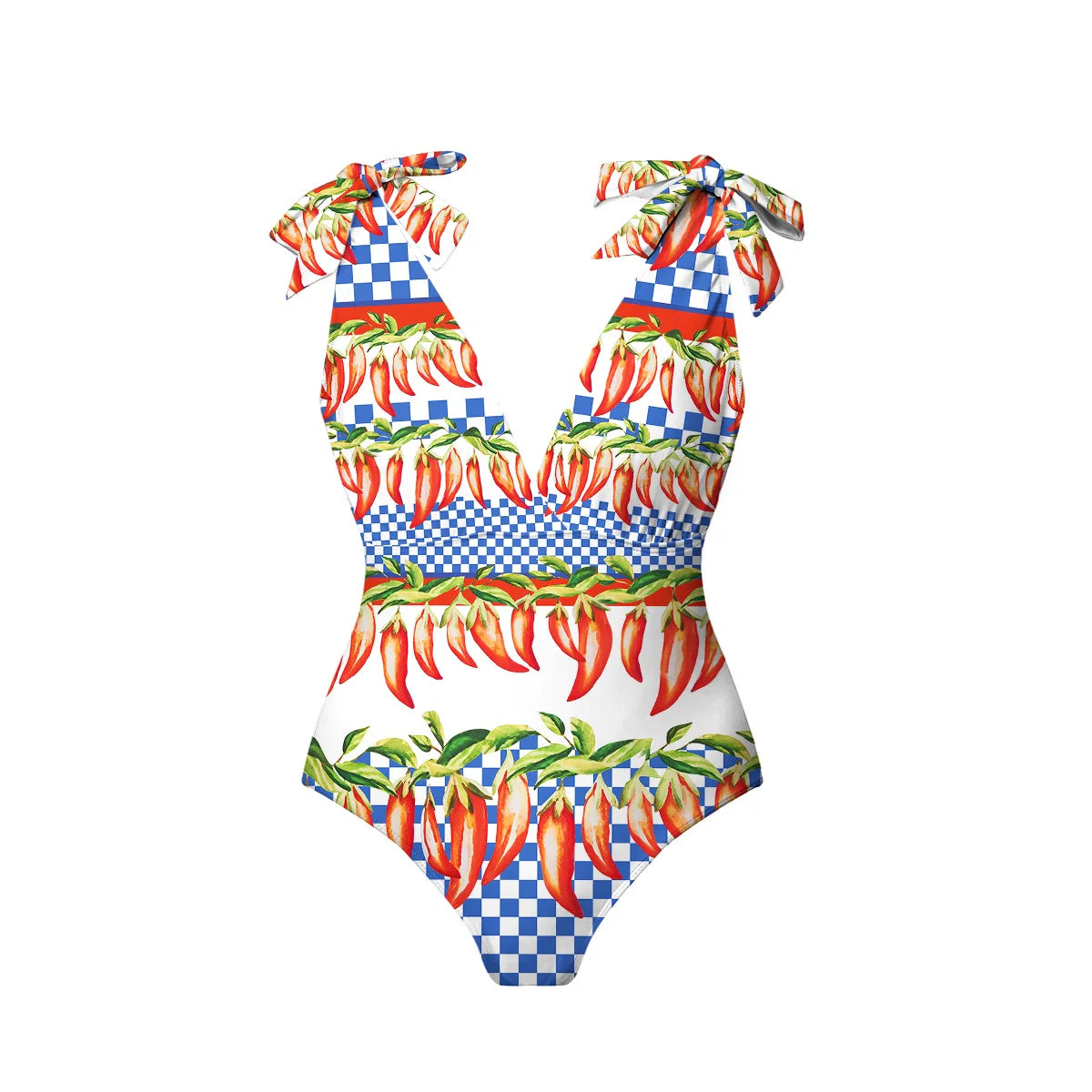 Spicy Pepper Checkerboard Print One-Piece Swimsuit&Pants