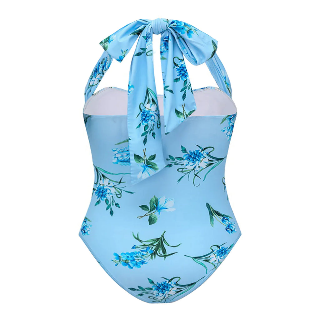 Chic Blue Romantic Floral Halter Neck One-Piece Swimsuit&Skirt