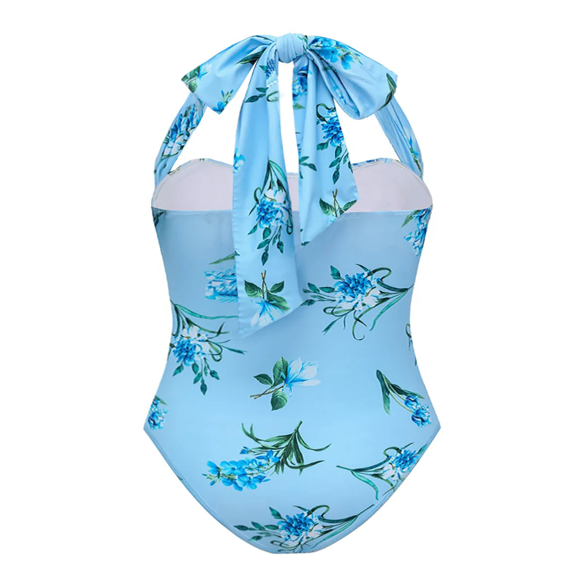 Chic Blue Romantic Floral Halter Neck One-Piece Swimsuit&Skirt