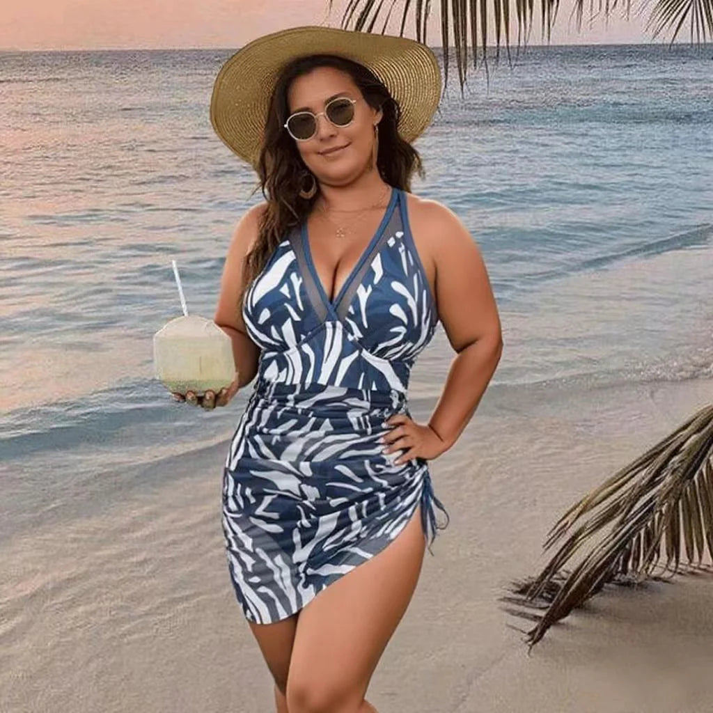 Blue Mesh Sheer Sarong Wraps V Neck One-Piece Swimsuit