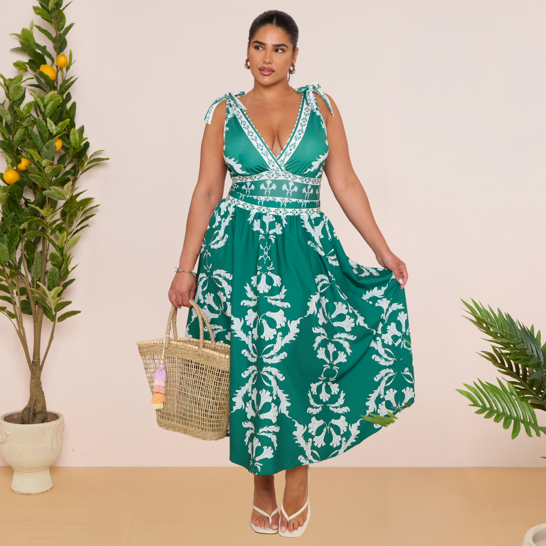 Green Flowy Floral Tie-shoulder Swimsuit&Skirt