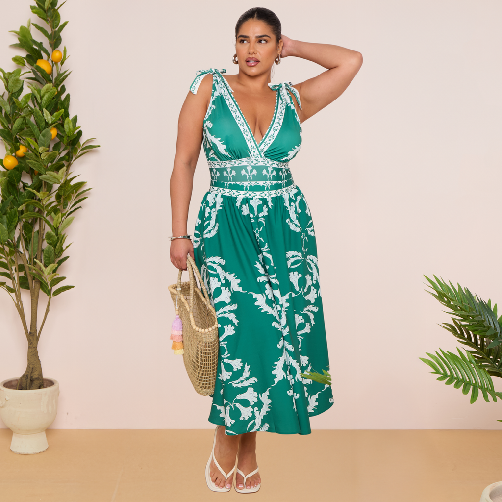 Green Flowy Floral Tie-shoulder Swimsuit&Skirt