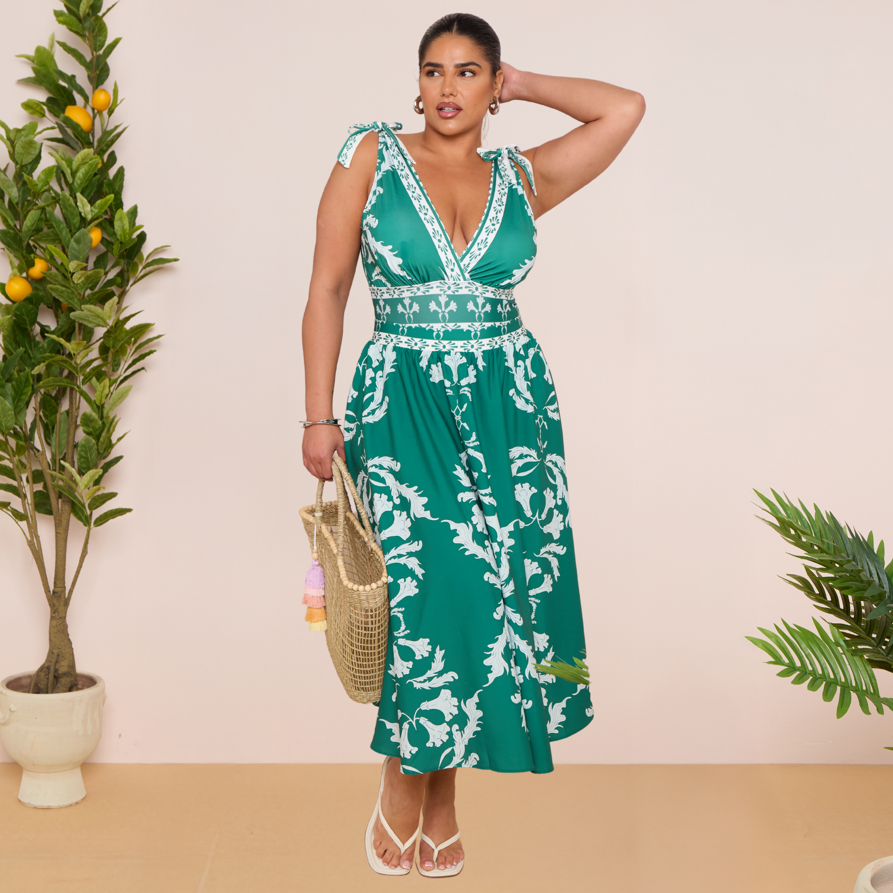 Green Flowy Floral Tie-shoulder Swimsuit&Skirt