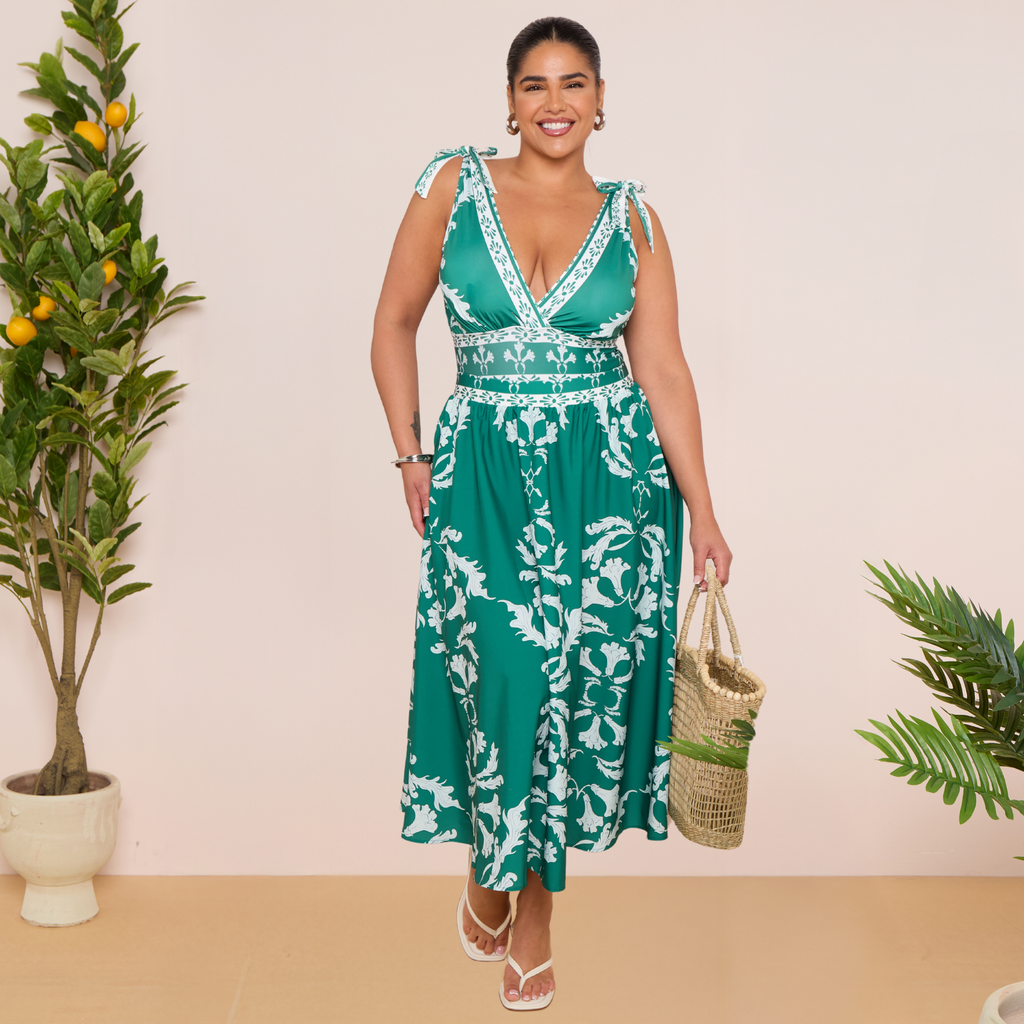Green Flowy Floral Tie-shoulder Swimsuit&Skirt