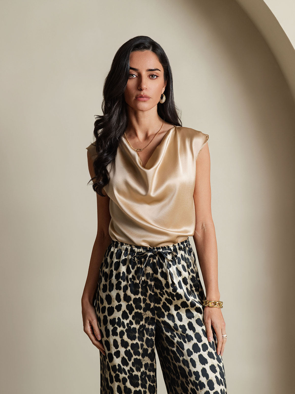 19Momme Silk Cowl Neck Cap Sleeve Blouse