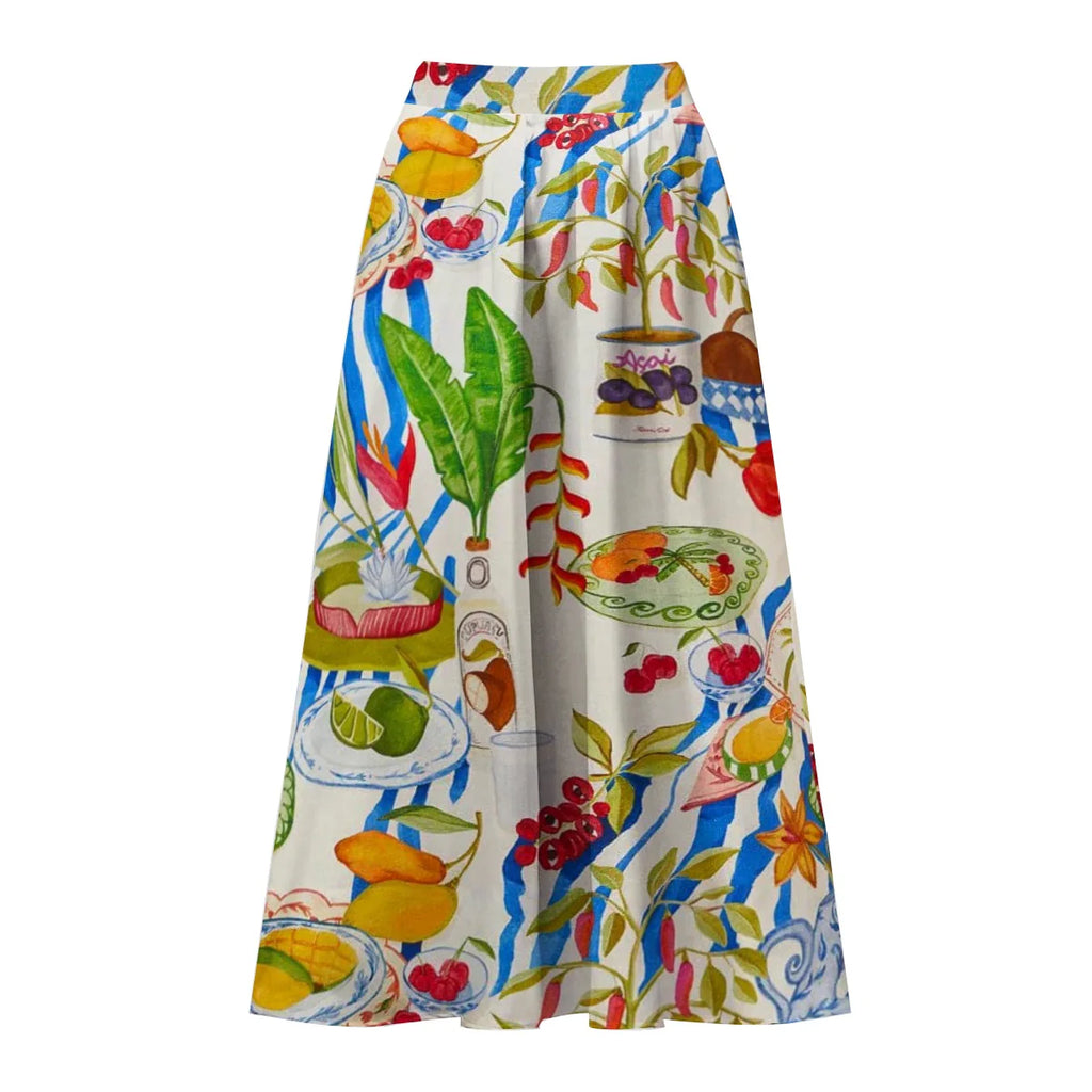 Fruit Food Patterned Colorful Tropical Feast Print One-Piece Swimsuit&Skirt