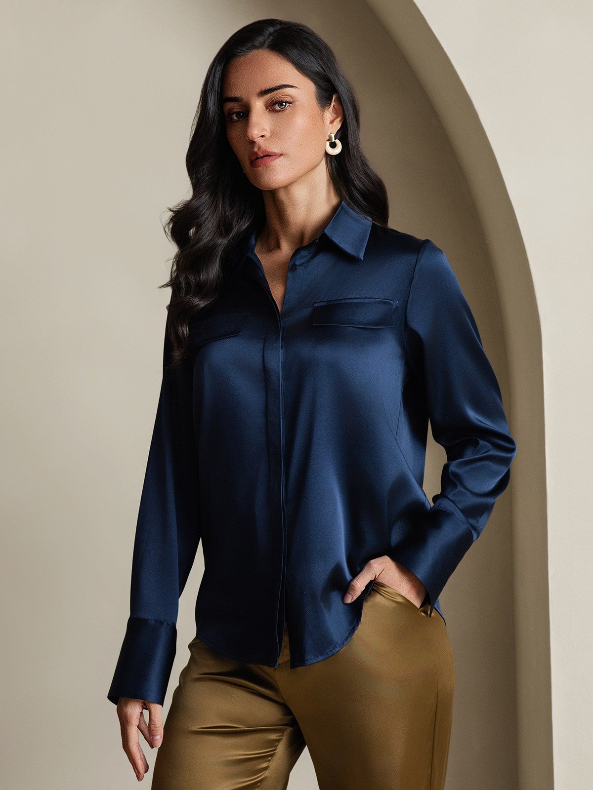 Women's 19Momme Silk Long Sleeve Lapel Collar Military Shirt