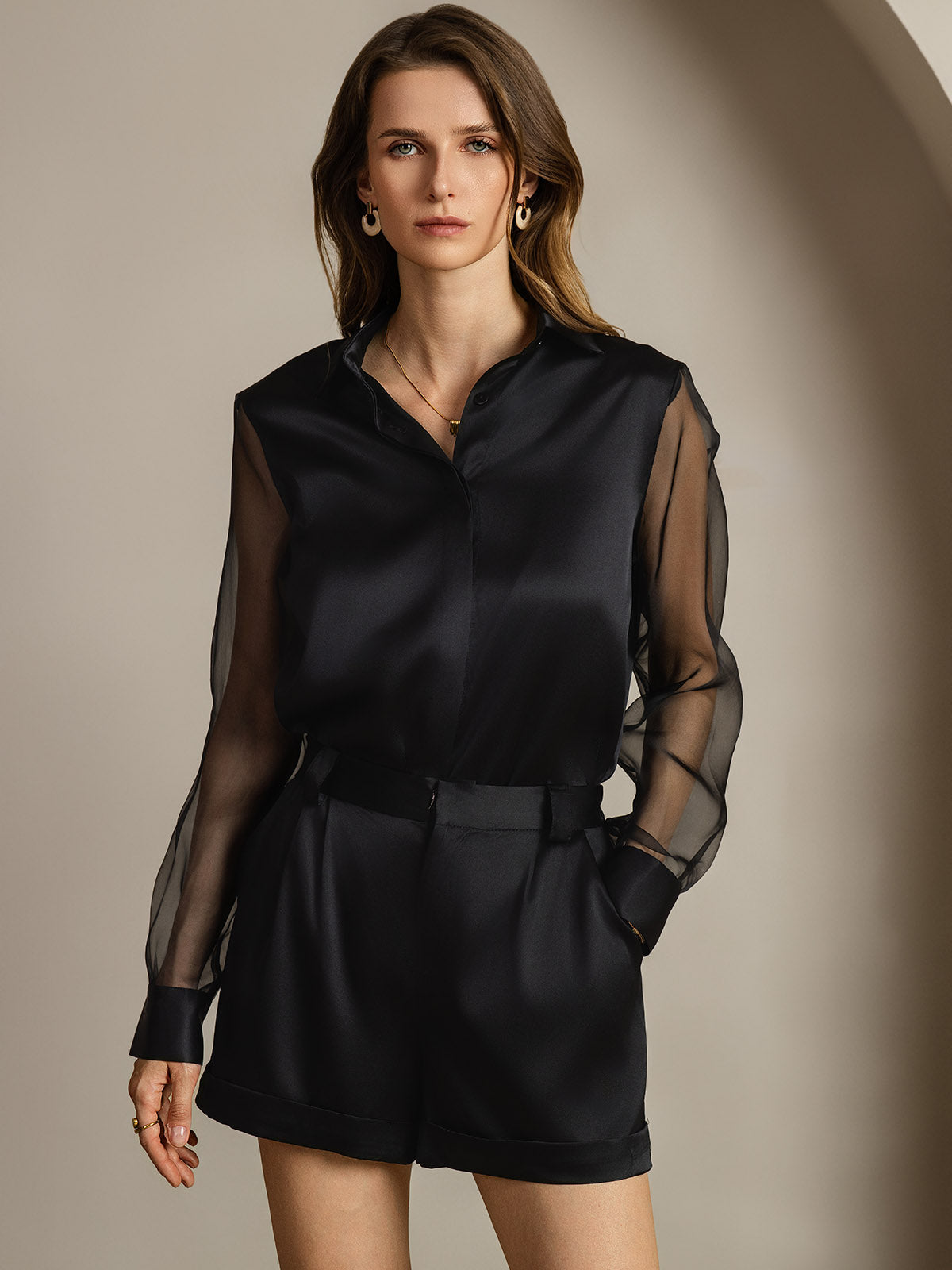Women's 19Momme Silk Sheer Sleeve Lapel Collar Shirt