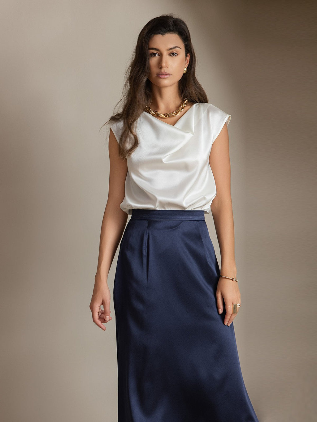 19Momme Silk Cap Sleeve Cowl Neck Tank Top/Blouse