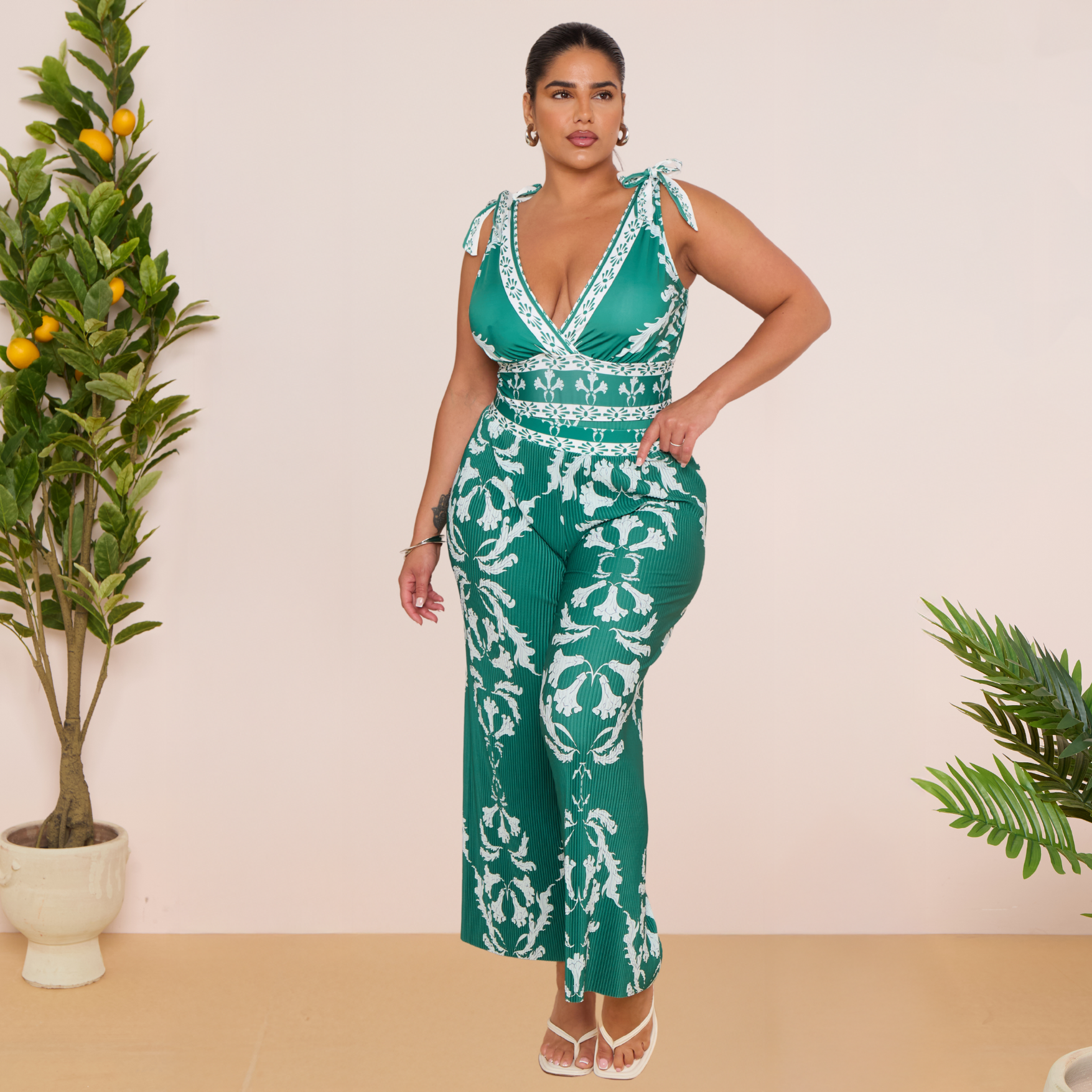 Green Flowy Floral Tie-shoulder Swimsuit&Skirt&Pants