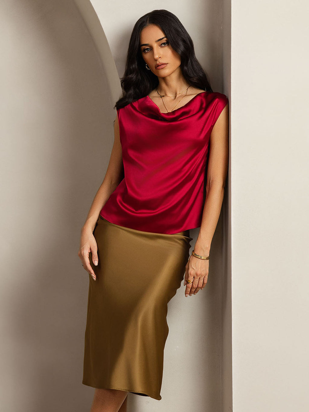 19Momme Silk Cap Sleeve Cowl Neck Tank Top/Blouse