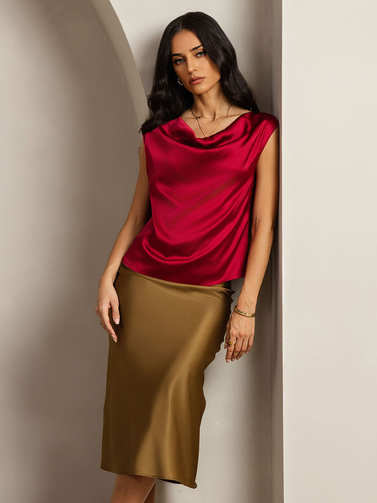 19Momme Silk Cowl Neck Cap Sleeve Blouse
