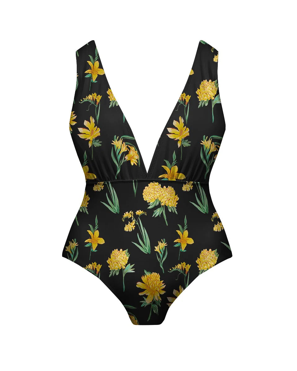 Yellow Floral Print One-Piece Swimsuit&Pants