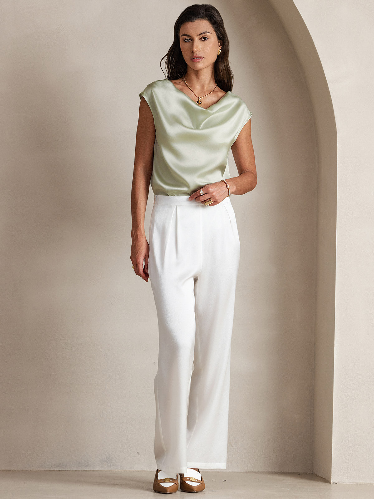 19Momme Silk Cowl Neck Cap Sleeve Blouse