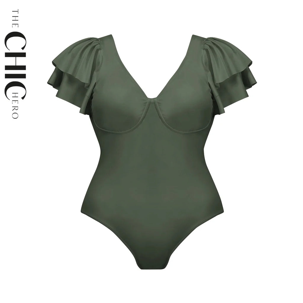 Plus Size Green V-Neck Ruffles One-Piece Swimsuit
