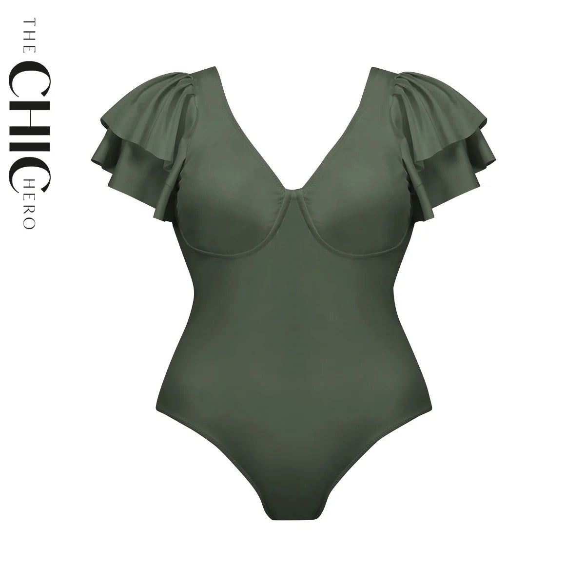 Plus Size Green V-Neck Ruffles One-Piece Swimsuit