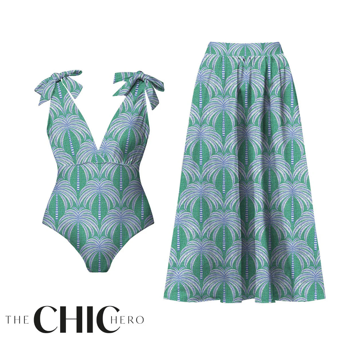Green Palm Leaf Print and Bow One-Piece Swimsuit&Skirt