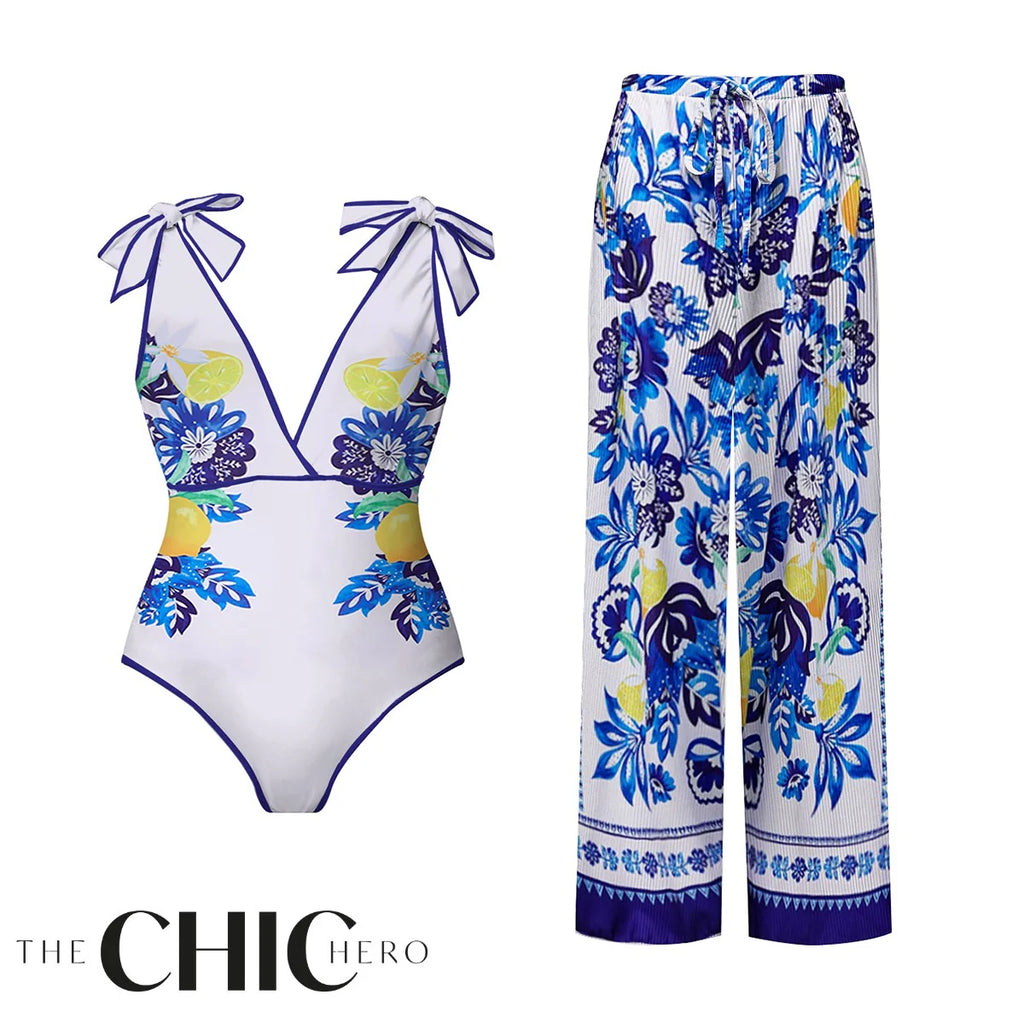 Lemon Blue Floral Print One-Piece Swimsuit&Pants
