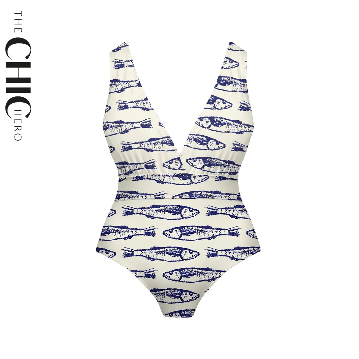 Nautical Blue Fish Print Deep V One-Piece Swimsuit&Pants