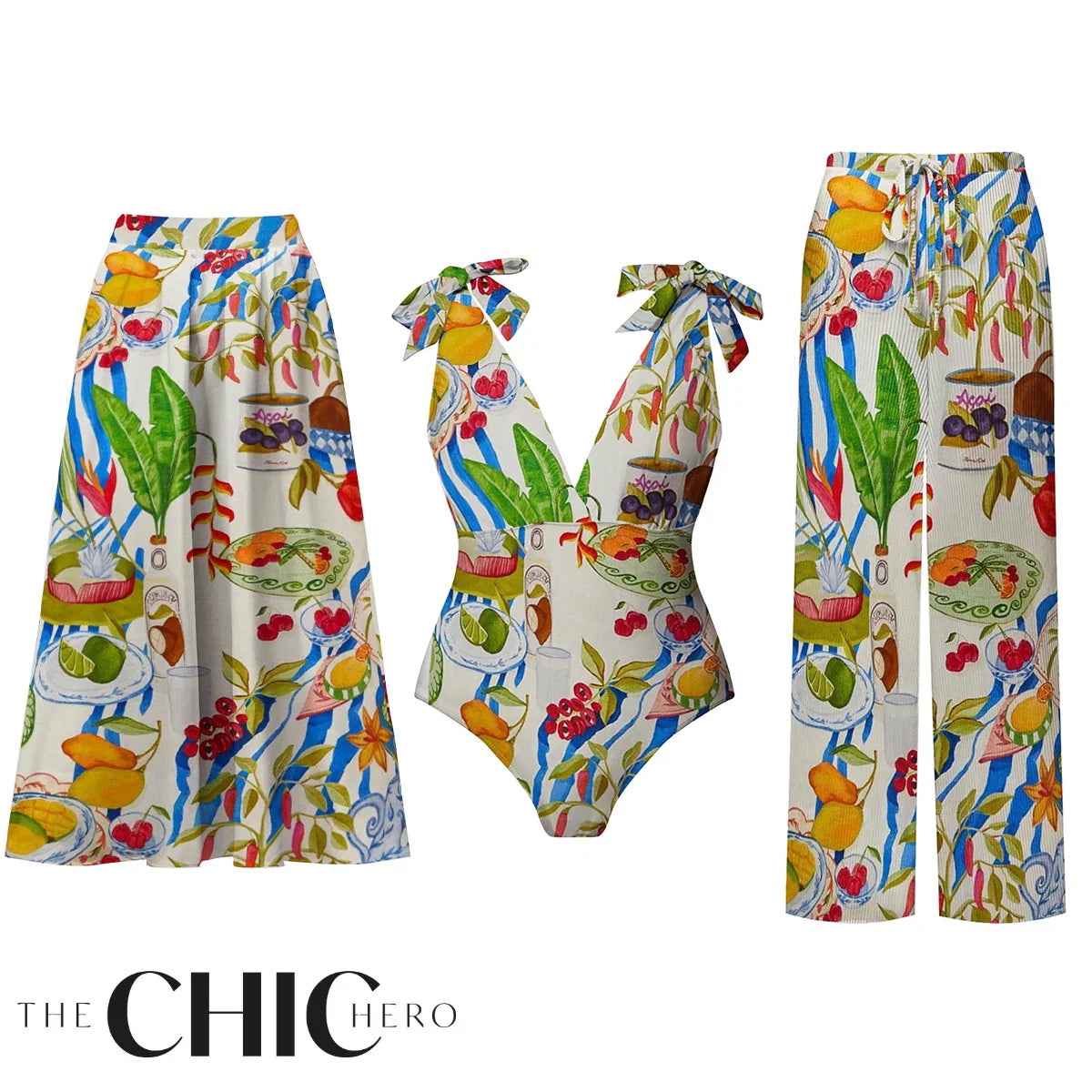 Fruit Food Patterned Colorful Tropical Feast Print One-Piece Swimsuit&Skirt&Pants