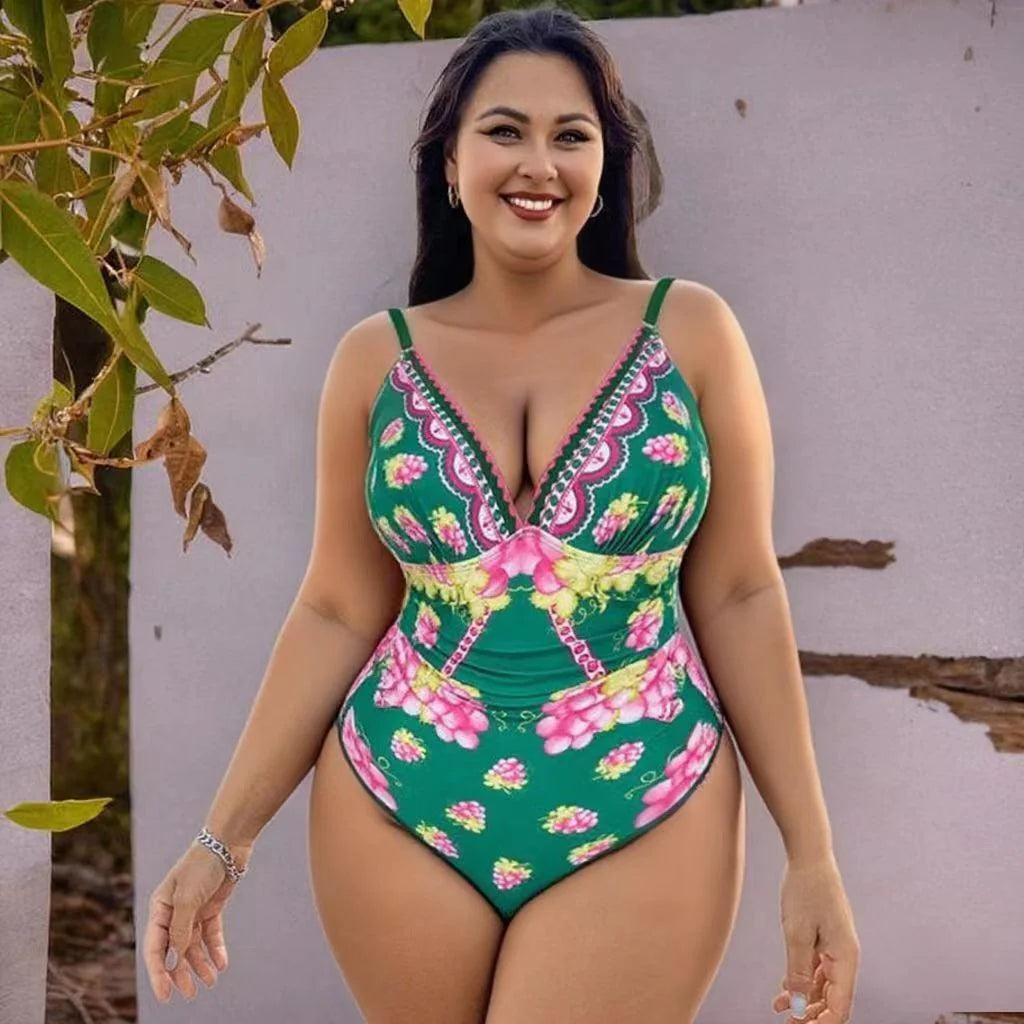 Green Grape Blossom Tropical Vineyard V-Neck Swimsuit & Mini Skirt
